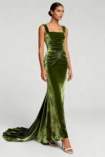Olive Velvet Mermaid Ruched Evening Dress